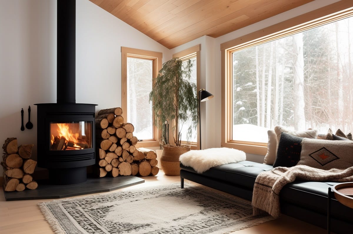 Cozy living room interior with a fireplace and cozy blankets