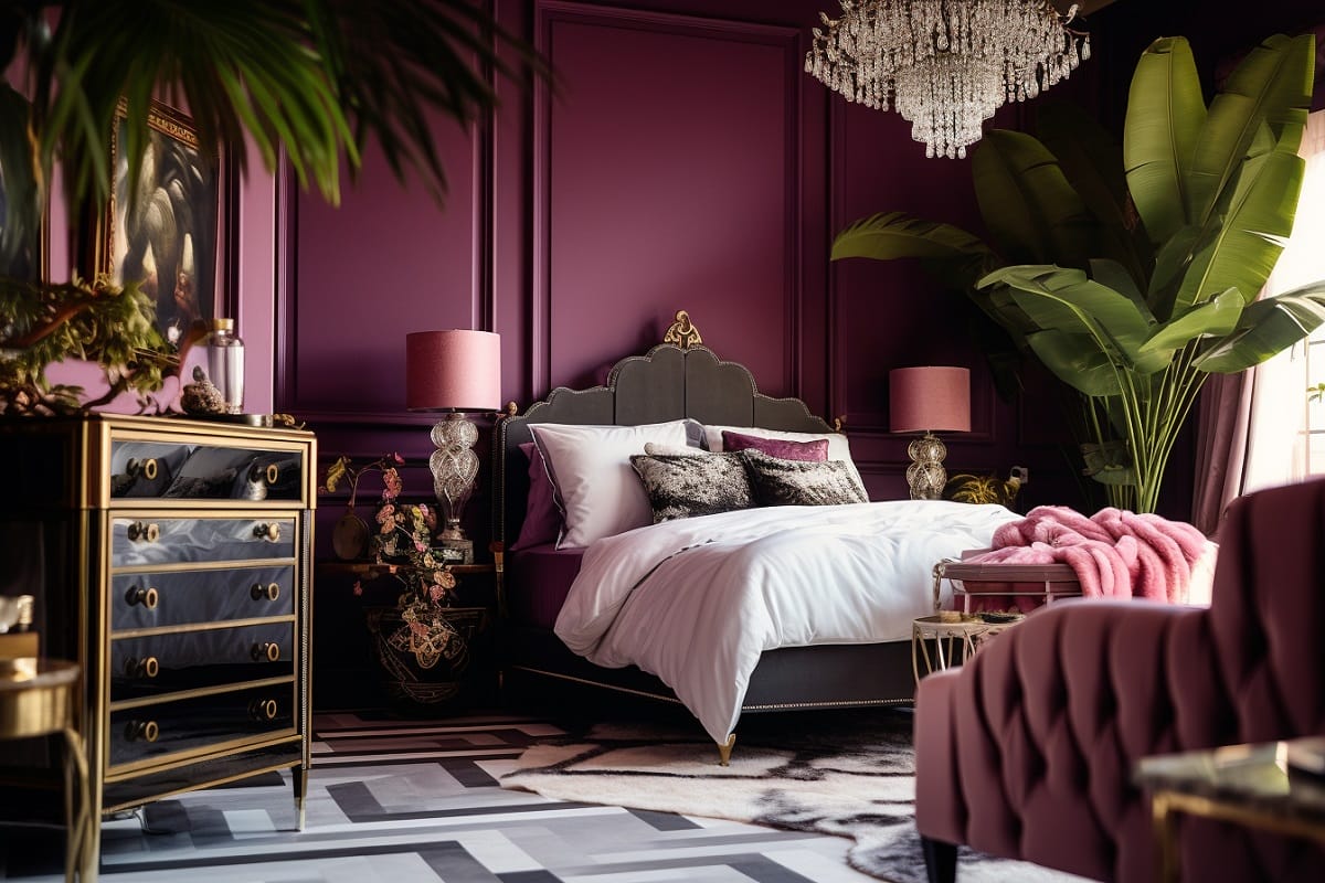 Glam color drenching bedroom interior design