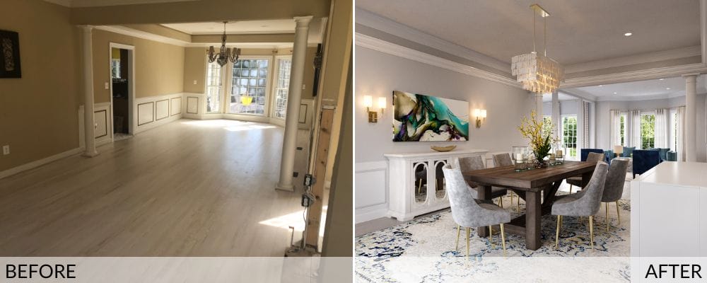 Glam living and dining room before (left) and after (right) design by Decorilla