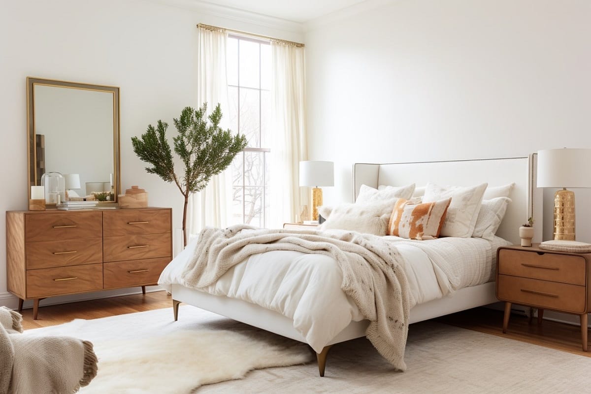Layered cozy bedroom design with a scandi style