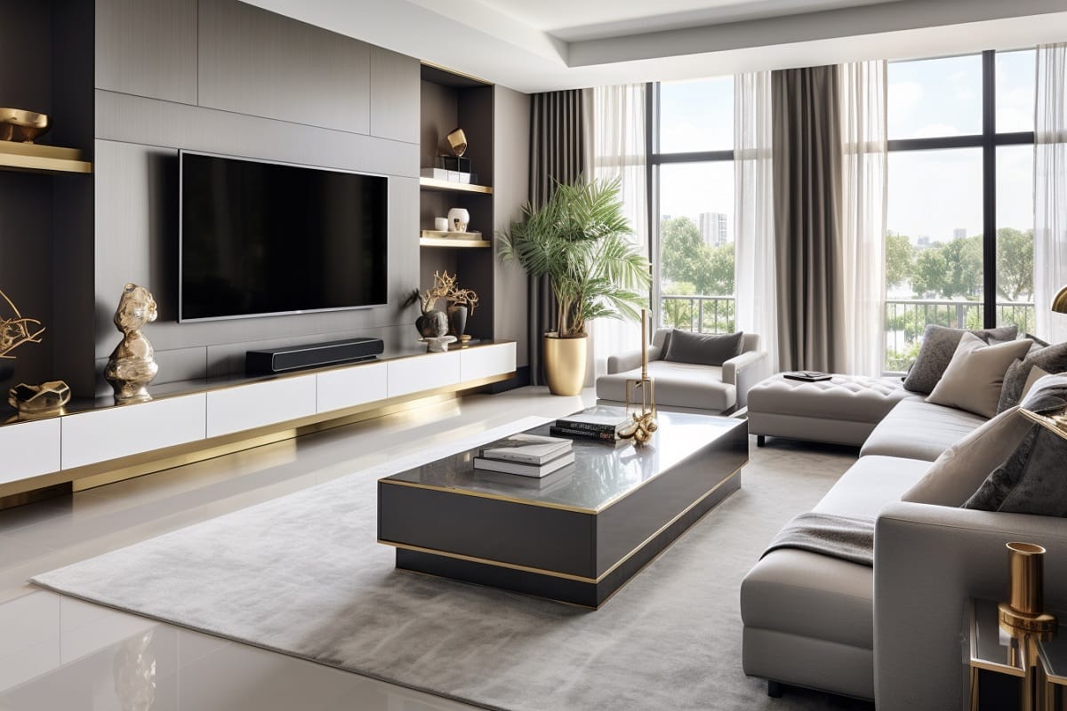 Living-room-with-gold-accents-and-furniture with a view