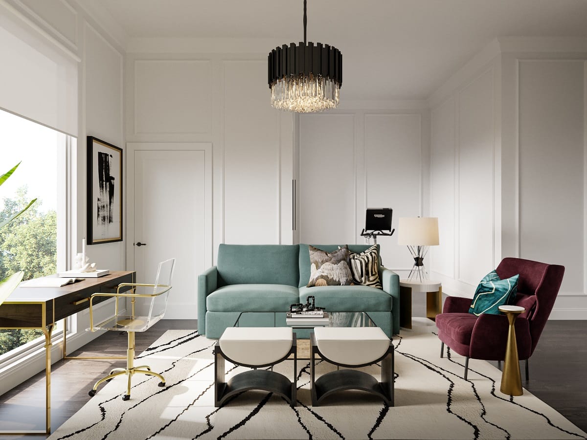 Living room with gold accents with colorful furniture