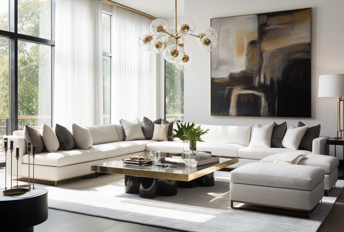 Living room with gold home accents and furniture