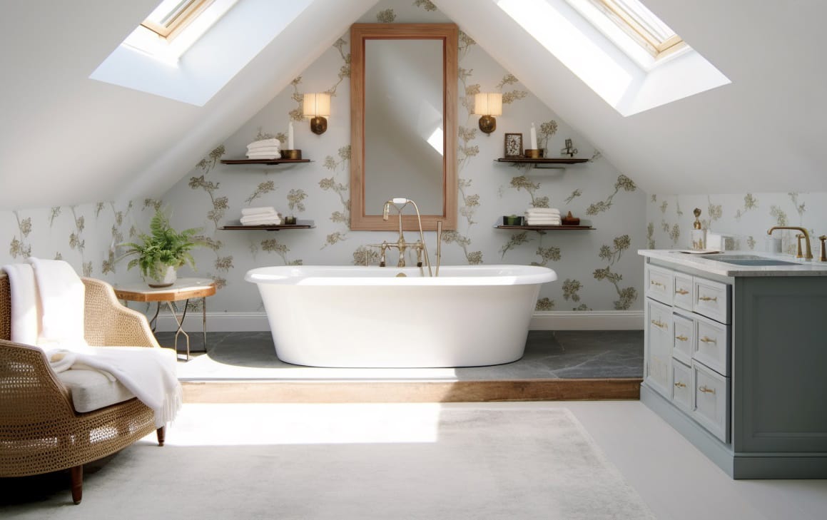 Master bathroom wallpaper decor