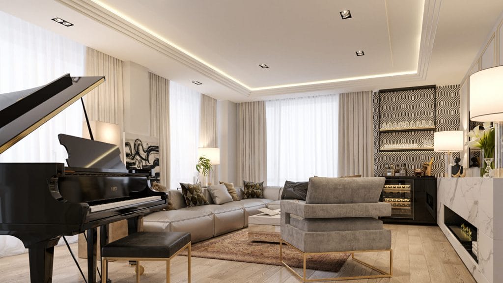 Modern neutral living room color scheme by Decorilla designer, Mladen C.