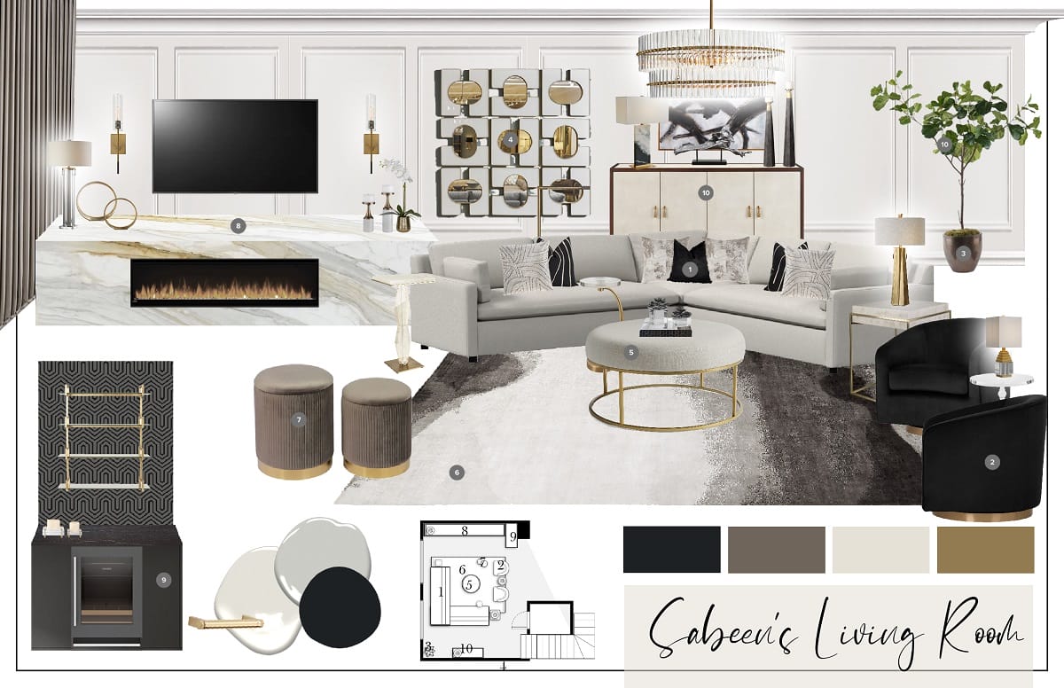 Mood board for a living room with gold accents