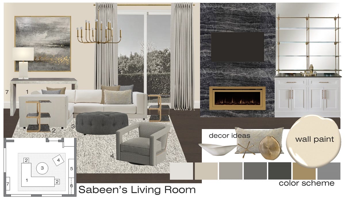 Moodboard for a dining and living room with gold room accents