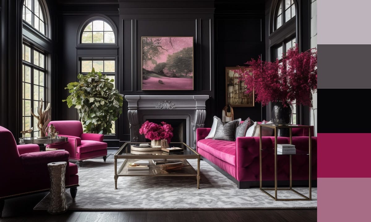 Pink and charcoal grey color scheme for a living room - living room color design ideas