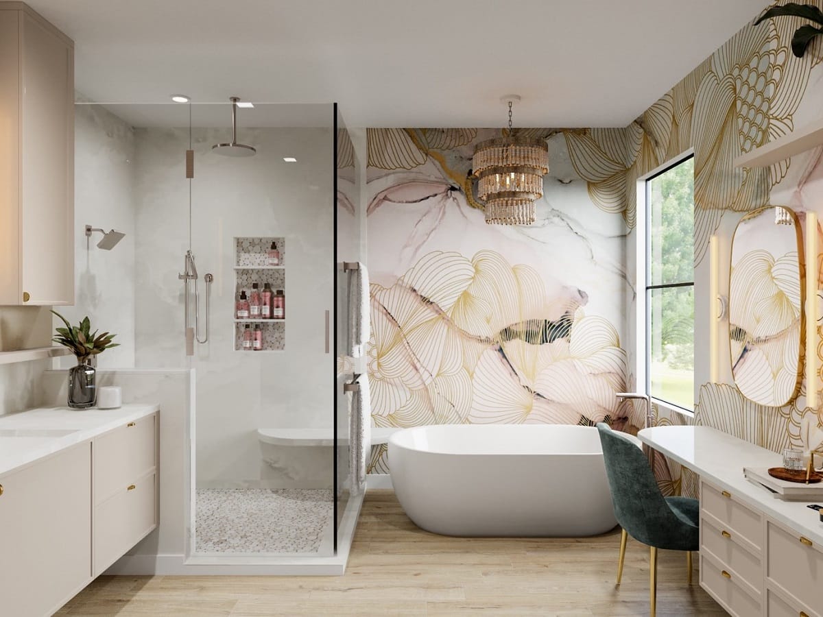 Shower lighting ideas in a floral bathroom