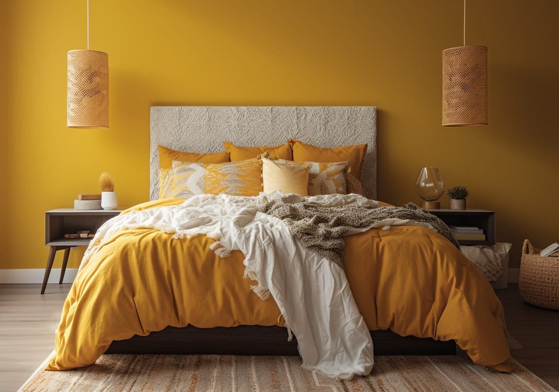 Yellow color drenching bedroom - sunshine interior design