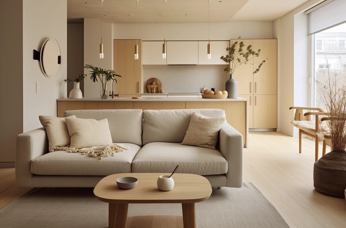 open concept kitchen living room floor plans - neutral boho interior design