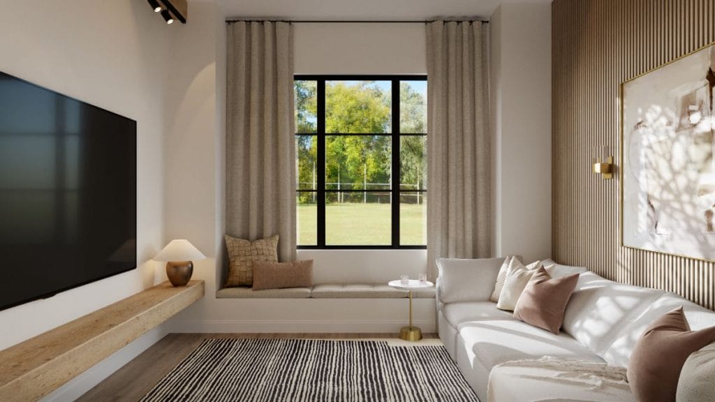 A built-in bench maximizing seating options in a study room by Decorilla