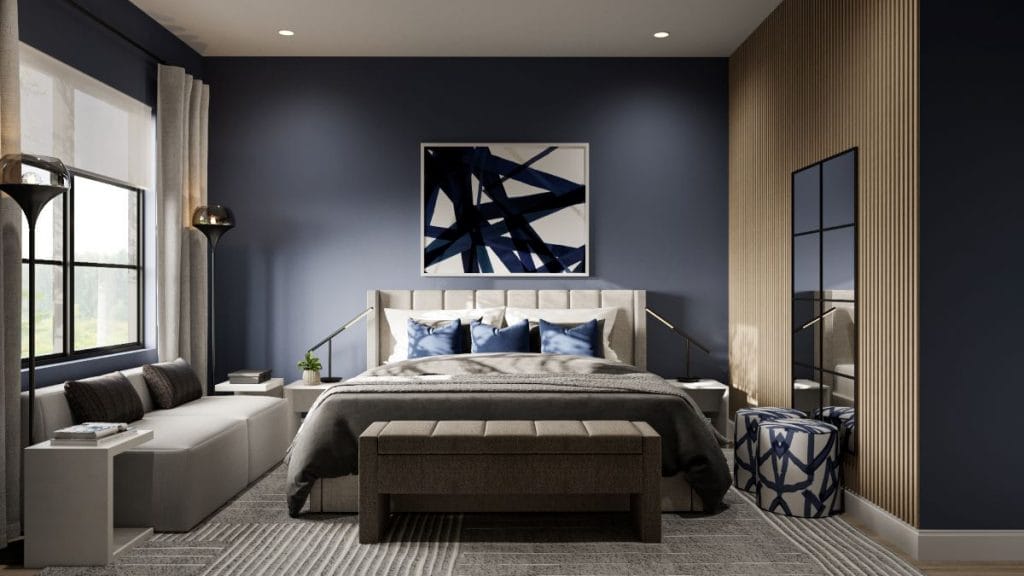 Blue masculine contemporary bedroom decor by Decorilla
