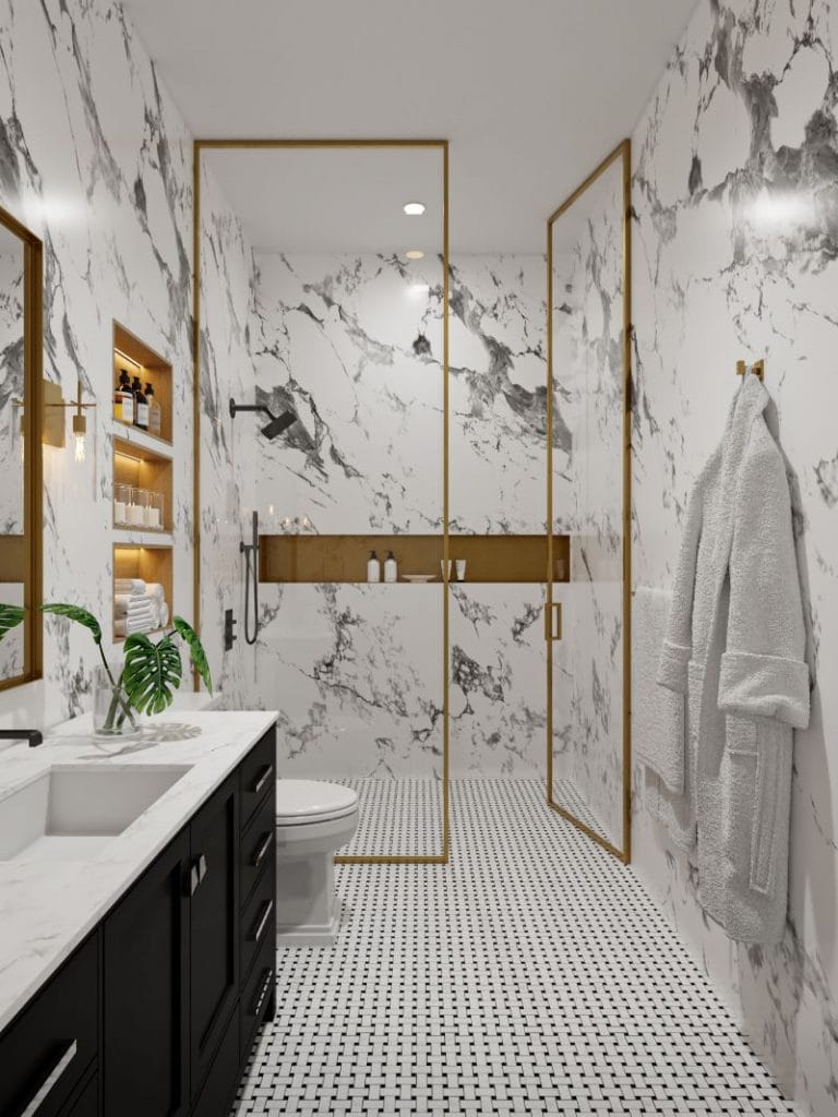 Contemporary bathroom decor with a gold walk-in shower by Decorilla