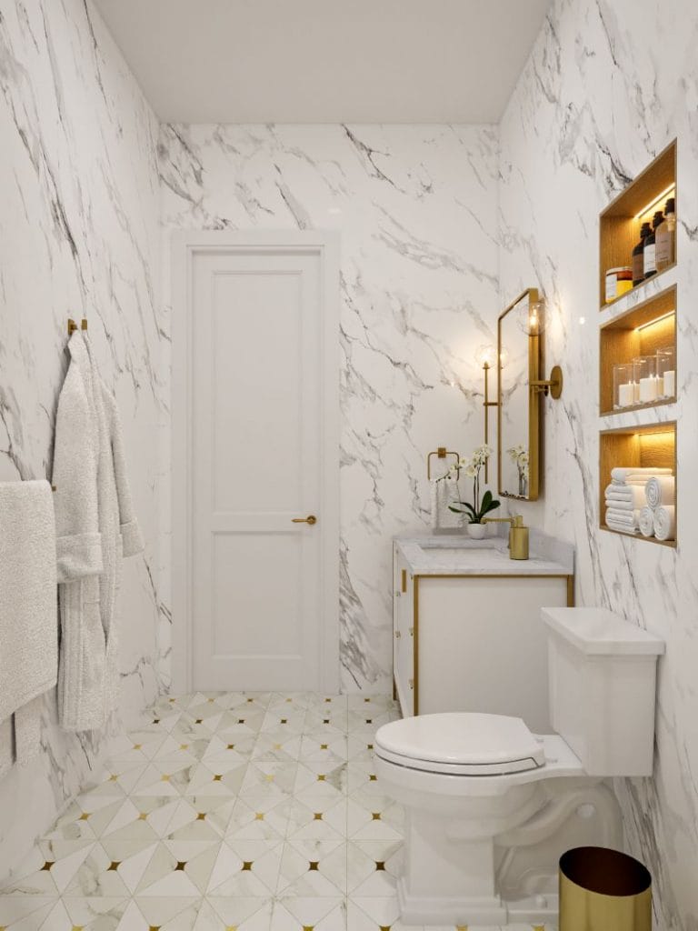 Contemporary bathroom decorating with white and gold by Decorilla