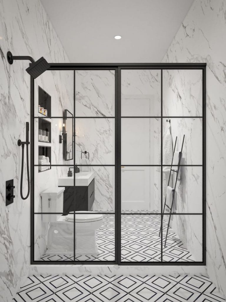 Contemporary style bathrooms with black walk-in shower by Decorilla