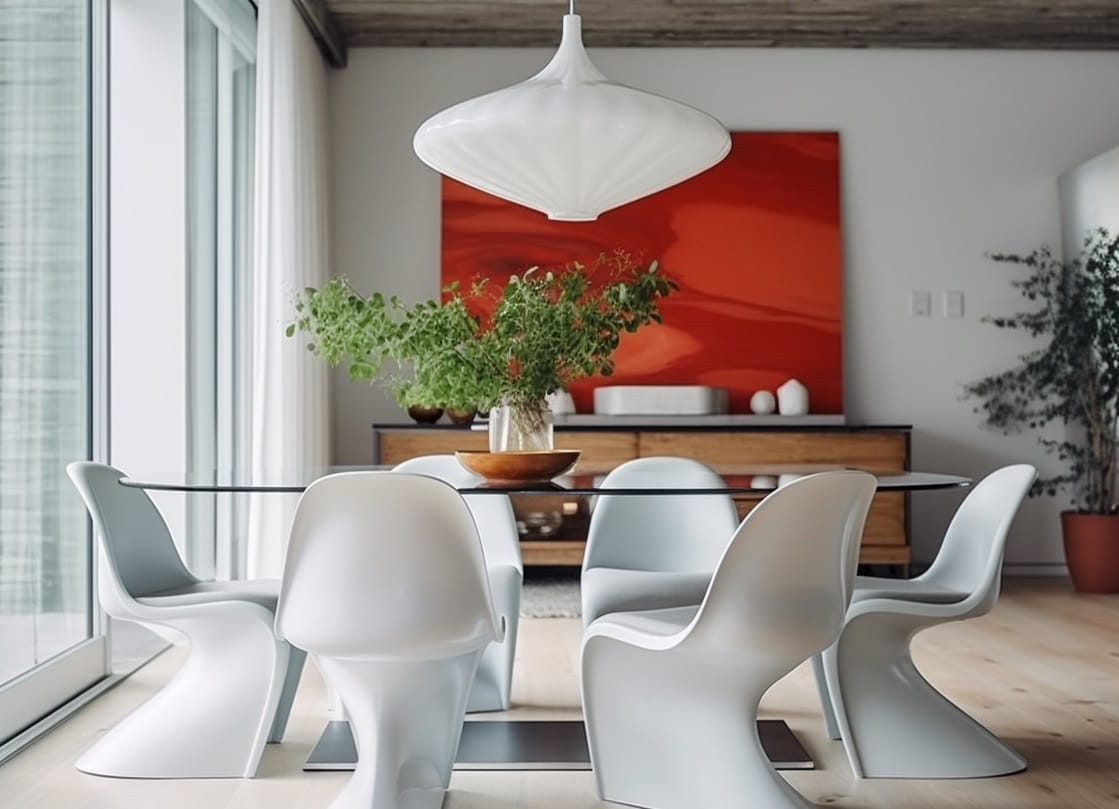 Famous chair designs - iconic Panton dining chairs in a contemporary interior