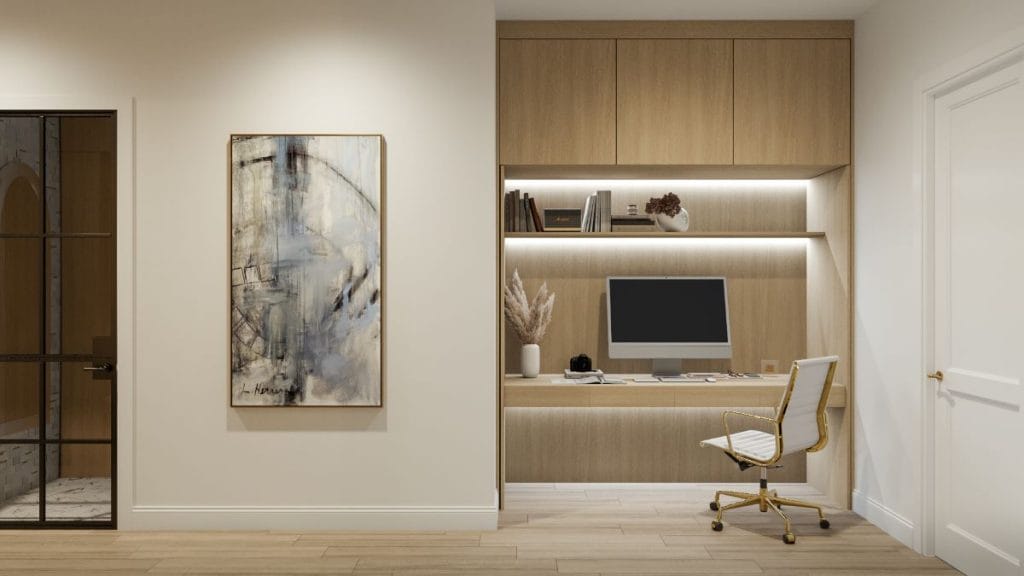 Home office in a mudroom designed by Decorilla