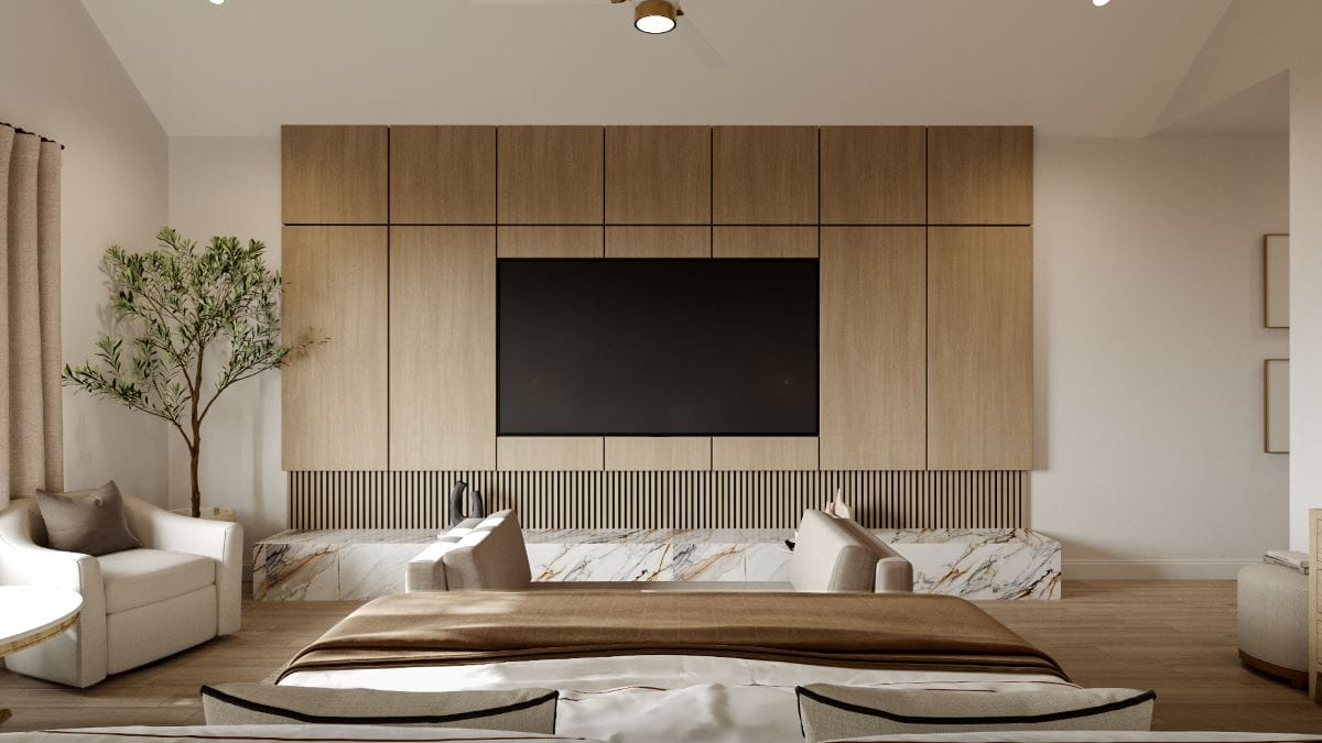 Modern glam home decor with a feature media wall by Decorilla