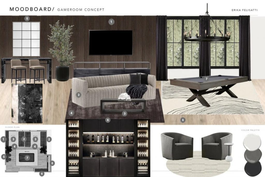 Preliminary proposal for a contemporary game room by Decorilla designer Erika F.