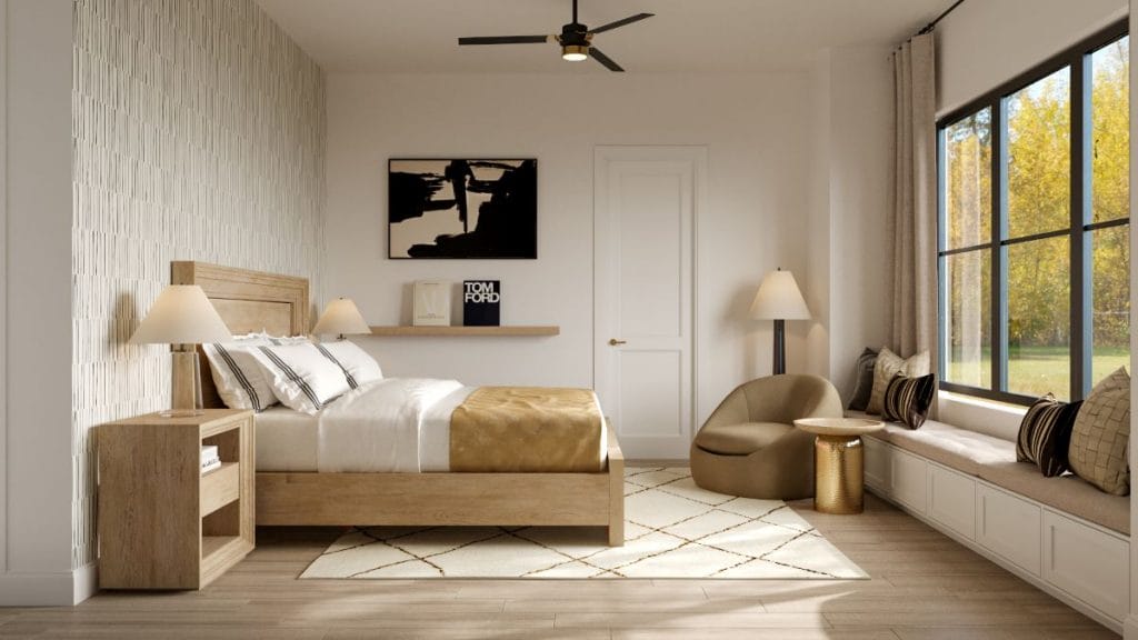 Serene contemporary bedroom set composed by Decorilla