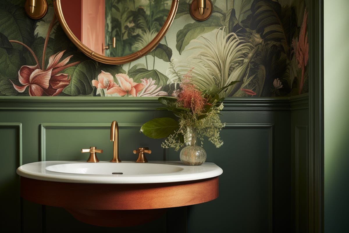 A splash of color in a small bathroom inspo designed by Decorilla.