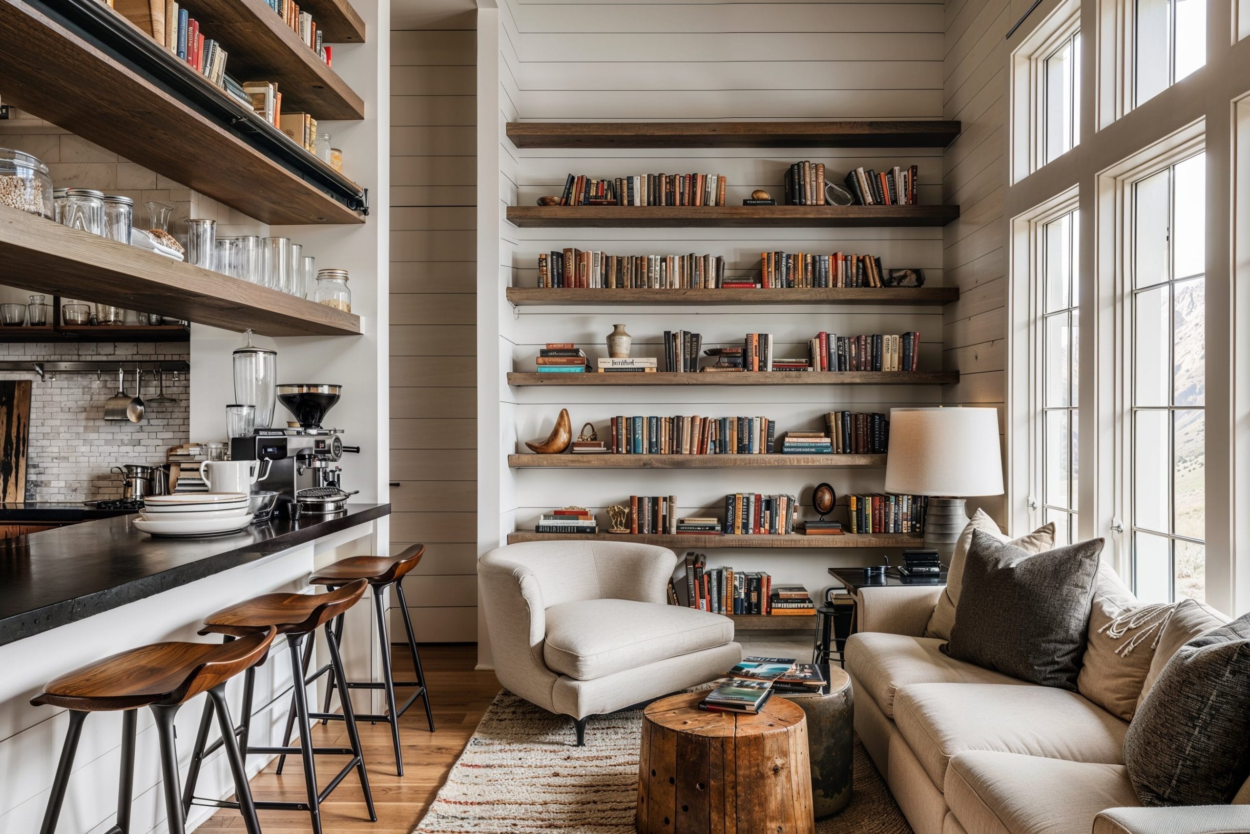 A storyteller's corner in a family room by Decorilla