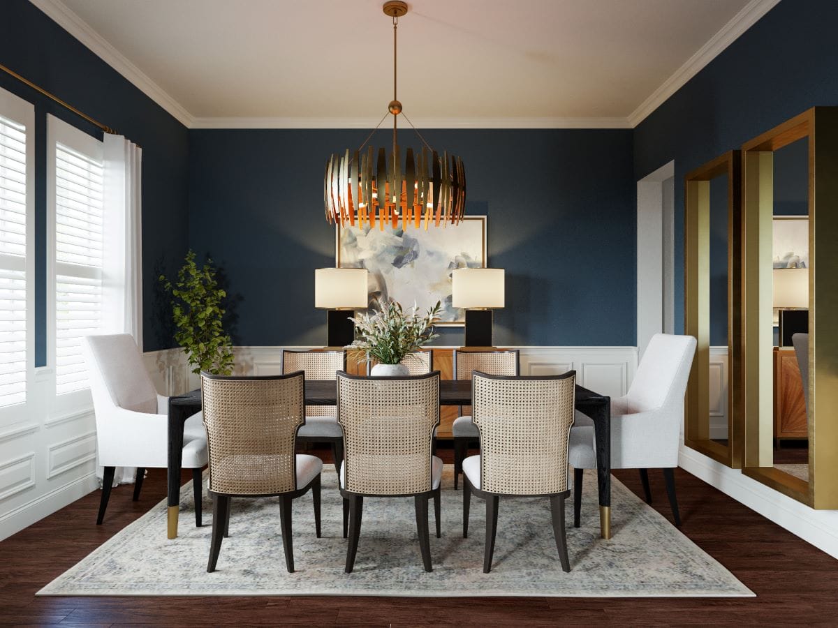 Creative dining room furniture placement by Decorilla