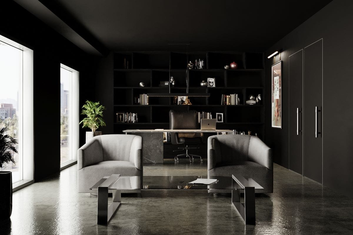Masculine and powerful home office decor by Decorilla