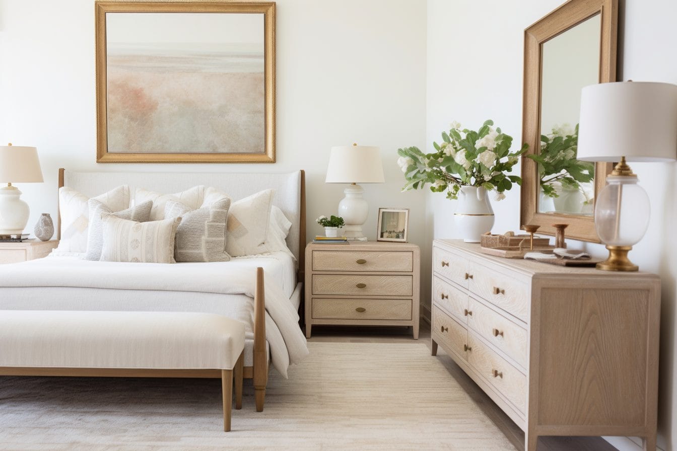 Neutral bedroom furniture layout by Decorilla