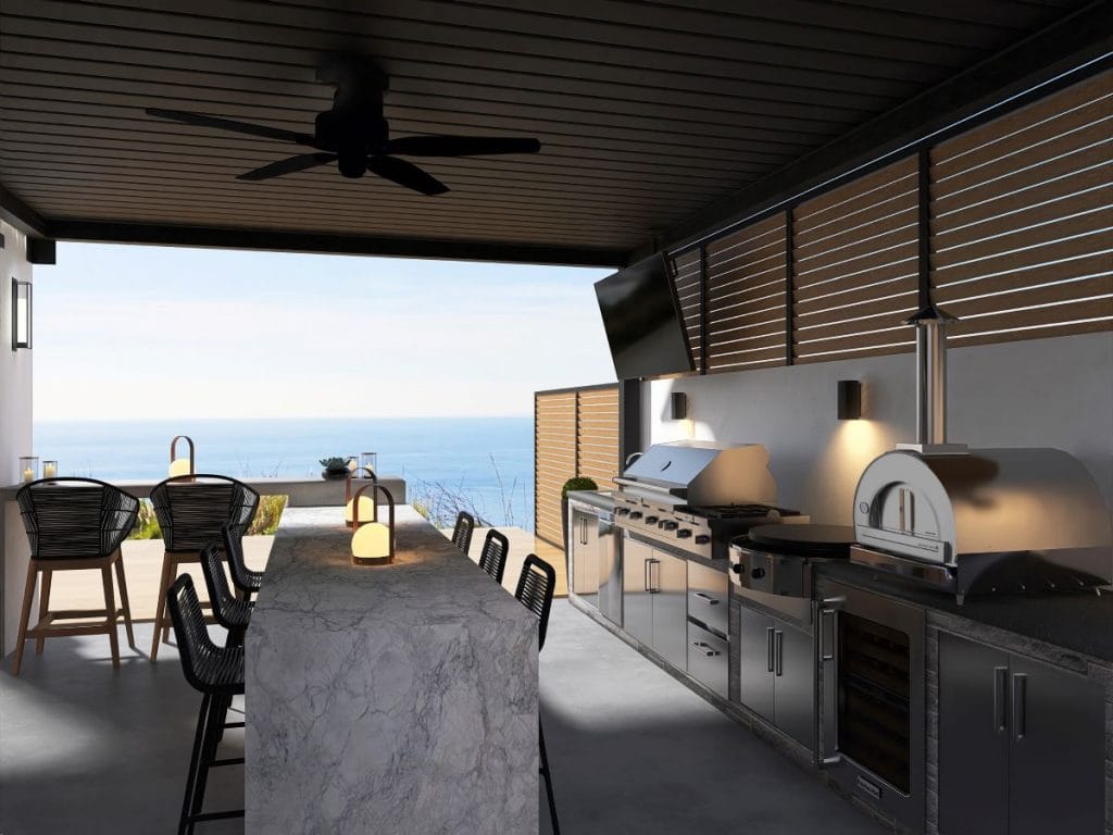 Outdoor kitchen with an entertainment hub, designed by Decorilla