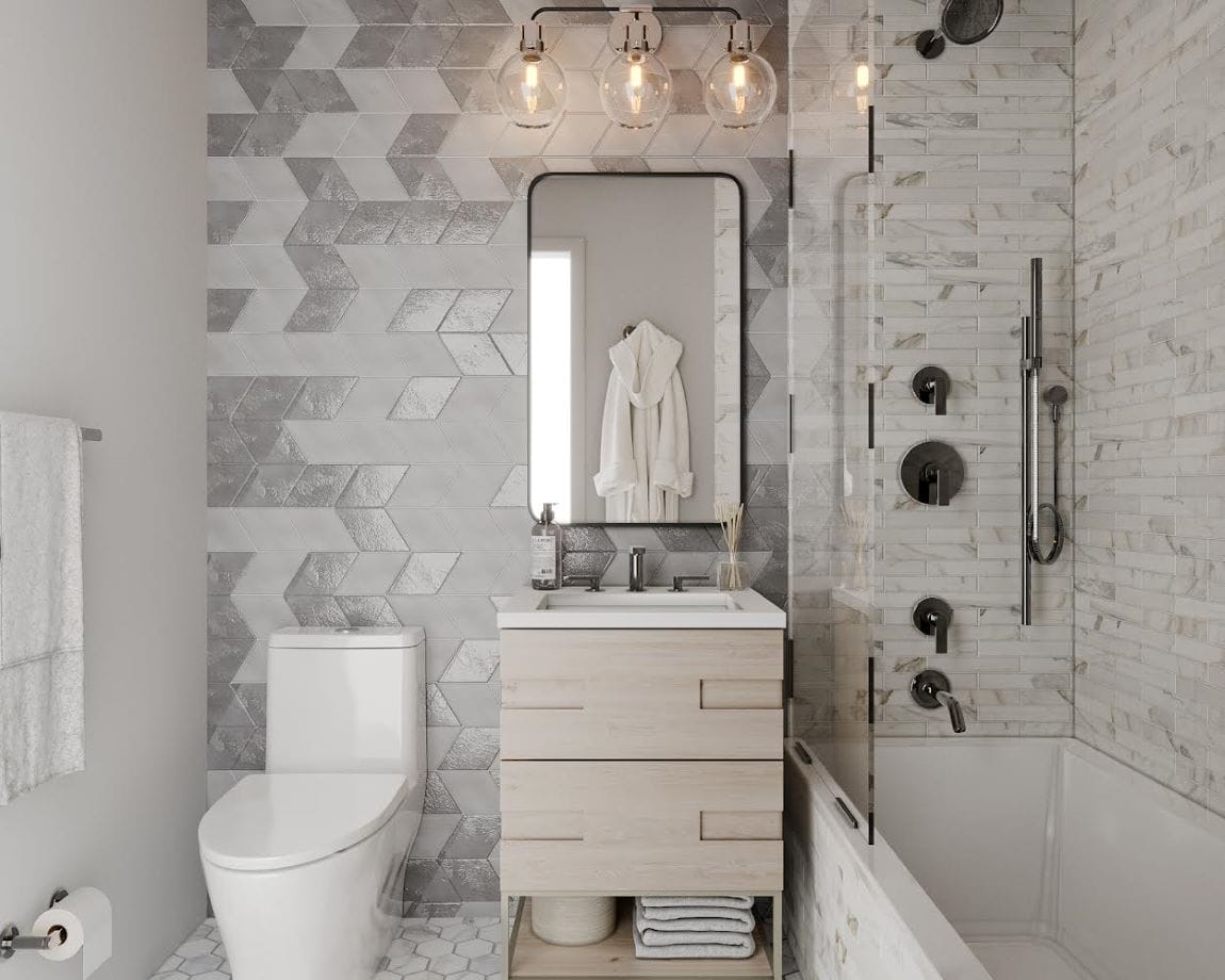 Space meets style in a small bathroom inspo designed by Decorilla