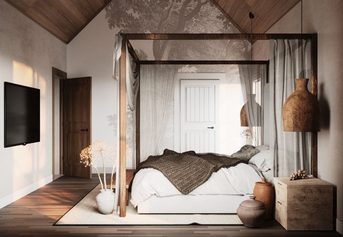 Wall mural in an organic modern Wabi Sabi bedroom by Decorilla