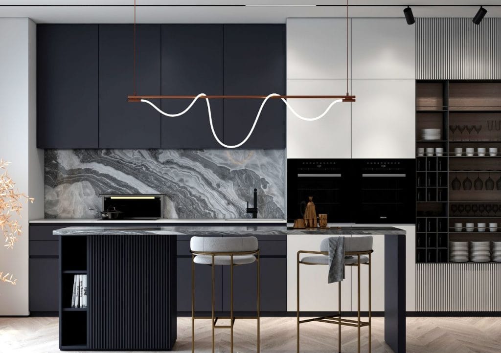 White kitchen cabinets with dark countertops by Decorilla