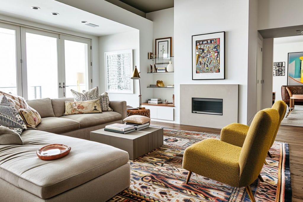 A bold living room scheme inspired by modern Spanish style interior design by Decorilla