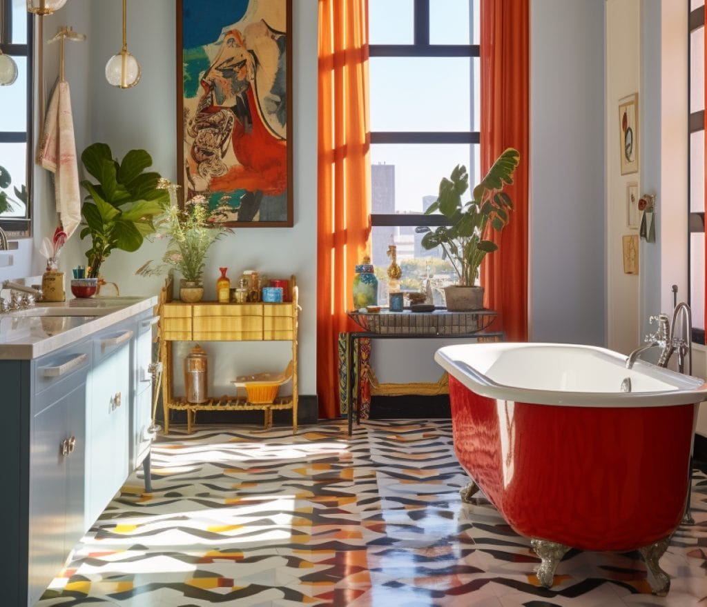 Cheerfully eclectic bathroom with a modern clawfoot bathtub By Decorilla