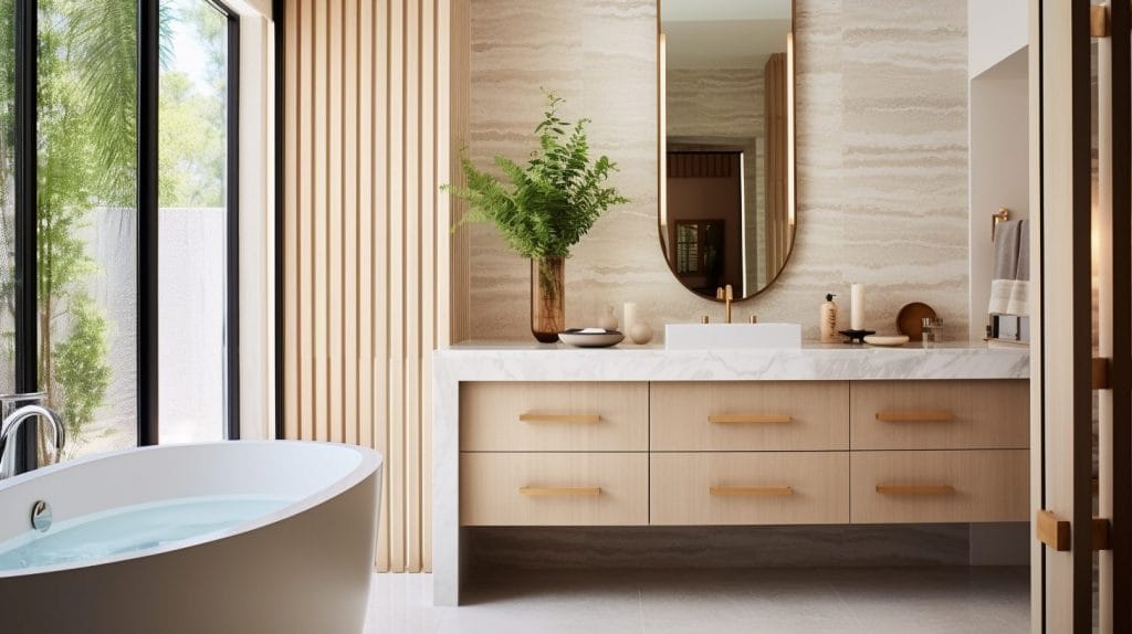 Elegant Japanese-style bathtub in a bathroom by Decorilla