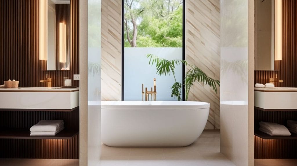 Elegant spa at home with a jacuzzi-style bathtub by Decorilla