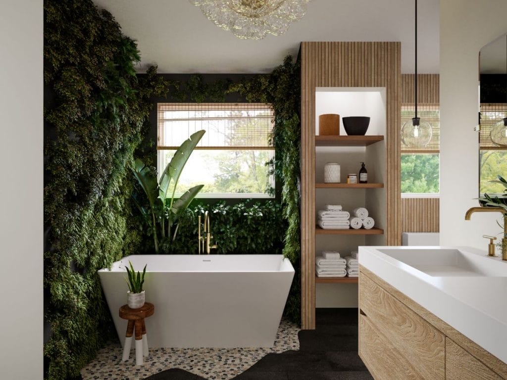 Lush tropical bathroom design by Decorilla