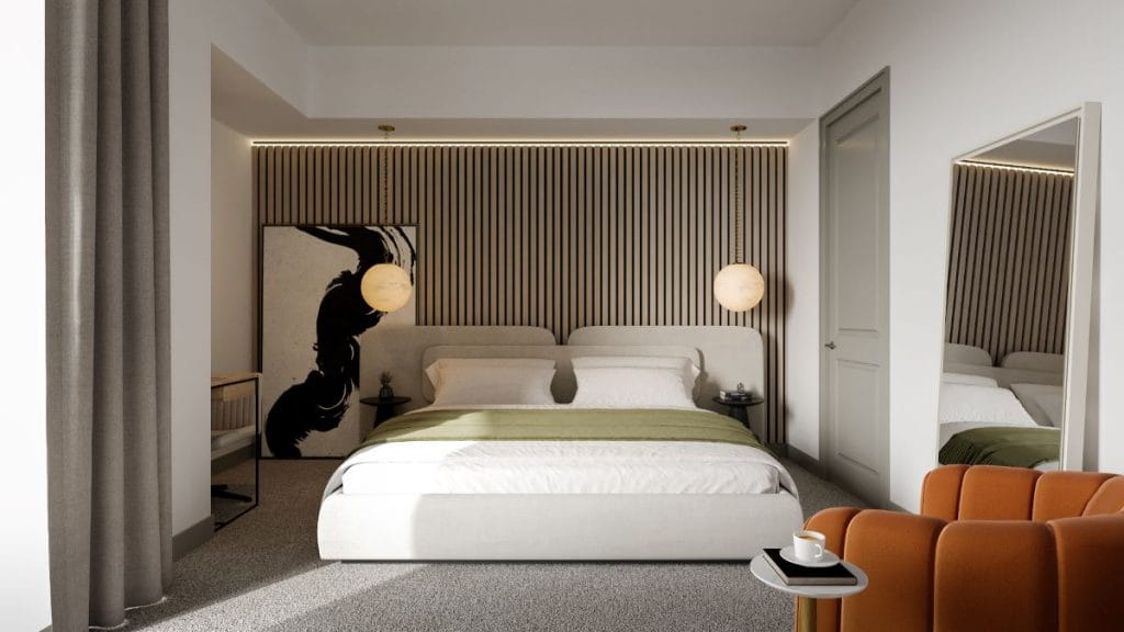 Luxury contemporary bedroom layout by Decorilla