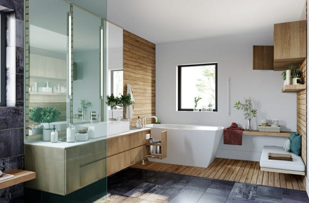 Modern bathroom design with tropical vibes by Decorilla designer, Sonia C.