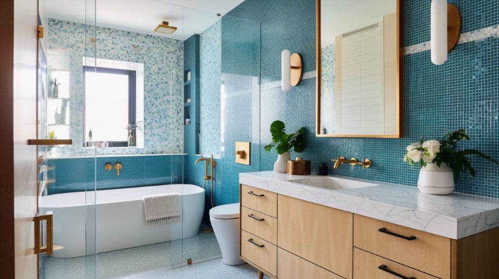 Modern tub with shower in a bathroom design by Decorilla