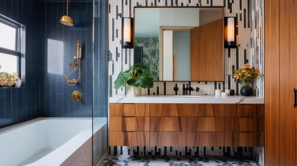 Modern tub with showers in a chic bathroom by Decorilla
