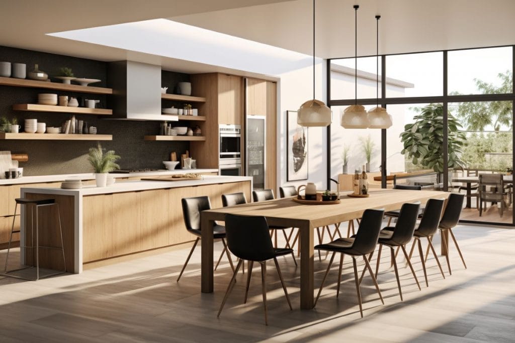Modern wood kitchen design inspiration with open shelving by Decorilla
