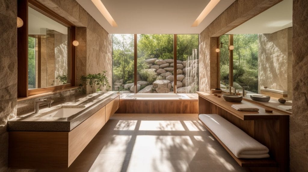 Roman style bathtub for a luxurious yet organic flair in a bathroom by Decorilla