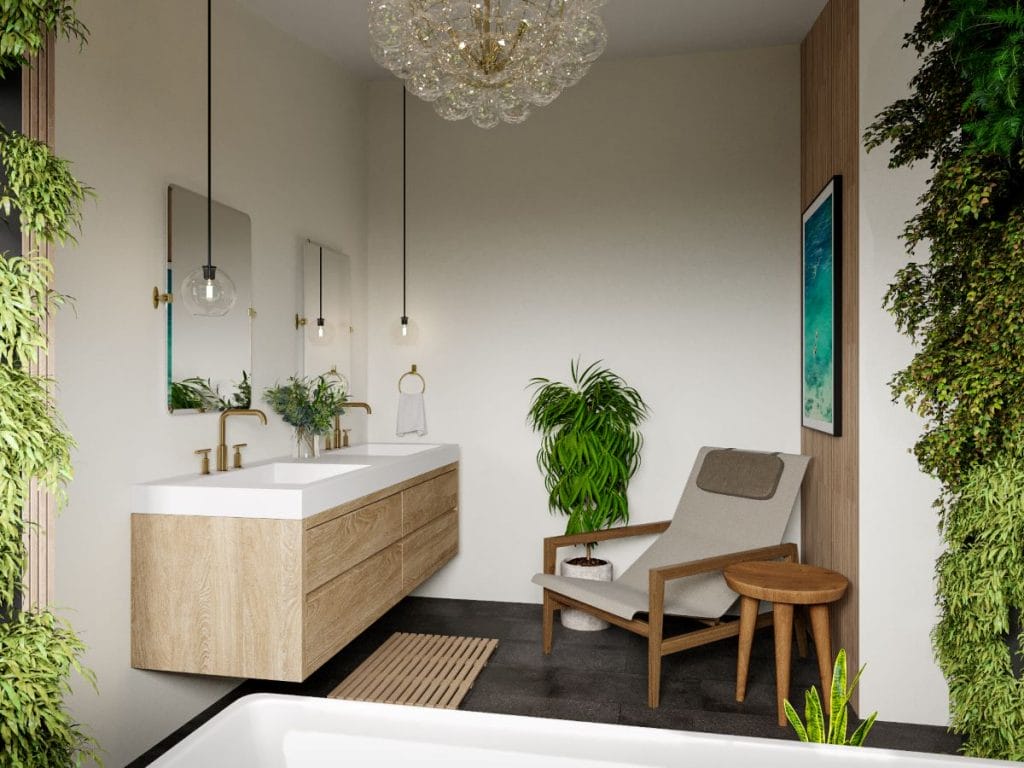Serene vanity area in a tropical bathroom by Decorilla