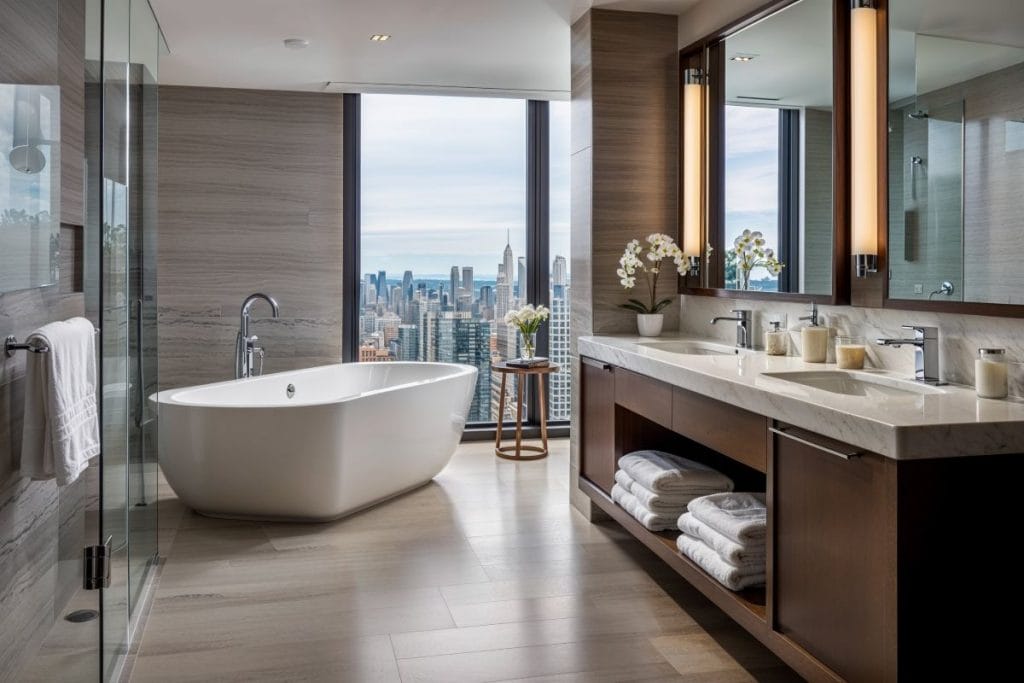 Using modern types of bathtubs to convey urban spa at home, by Decorilla