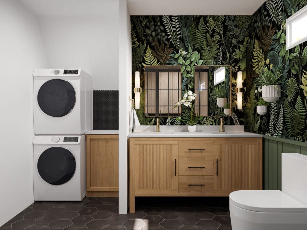 A-frame cabin interior bathroom with a laundry niche by Decorilla