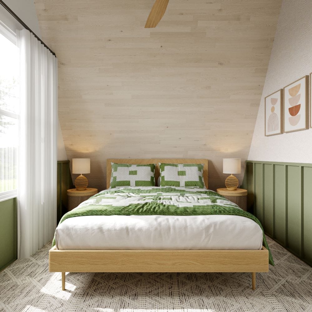 A-frame cabin interior design of a bedroom by Decorilla