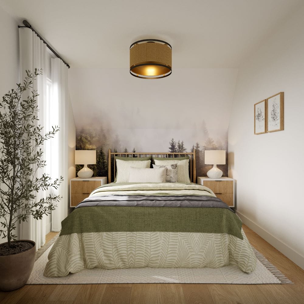 A-frame cabin interior design of a bedroom by Decorilla